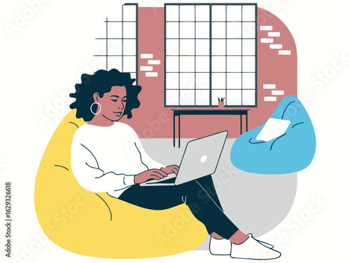 Woman Working on Laptop While Sitting in a Beanbag Chair girl female