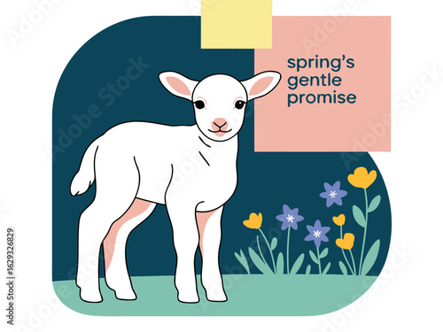 Adorable white lamb with pink accents stands in a field of flowers sheep animal