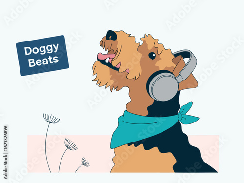 Airedale terrier dog wearing headphones and bandana listening to music animal doggy