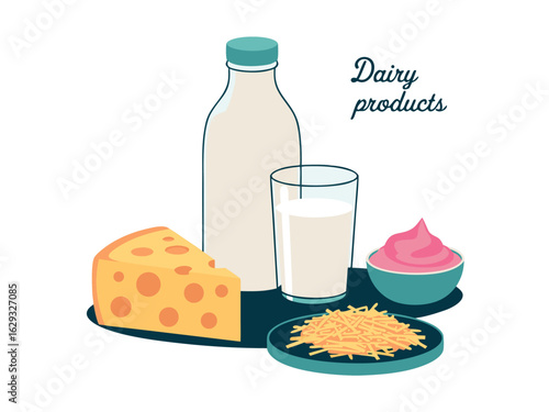 Assortment of dairy products including cheese milk and cream on white background food