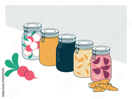 Assortment of Pickled Vegetables in Glass Jars on White Background preserving fermentation