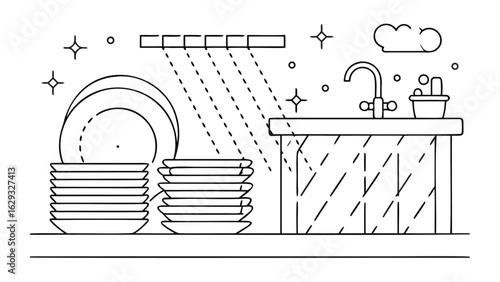 Illustration of a kitchen sink with stacks of plates and dish rack under the cabinet light source