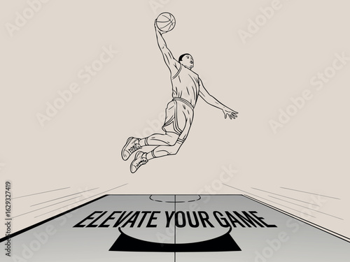 Basketball player in mid-air dunking with text Elevate Your Game jumping action