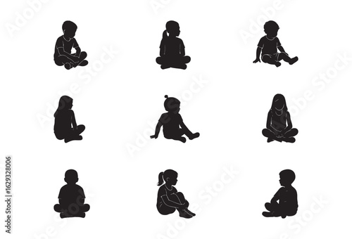 Kids sitting vector silhouette set. Isolated on white background