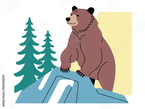 Brown bear standing on a blue rock with pine trees and yellow background grizzly bear