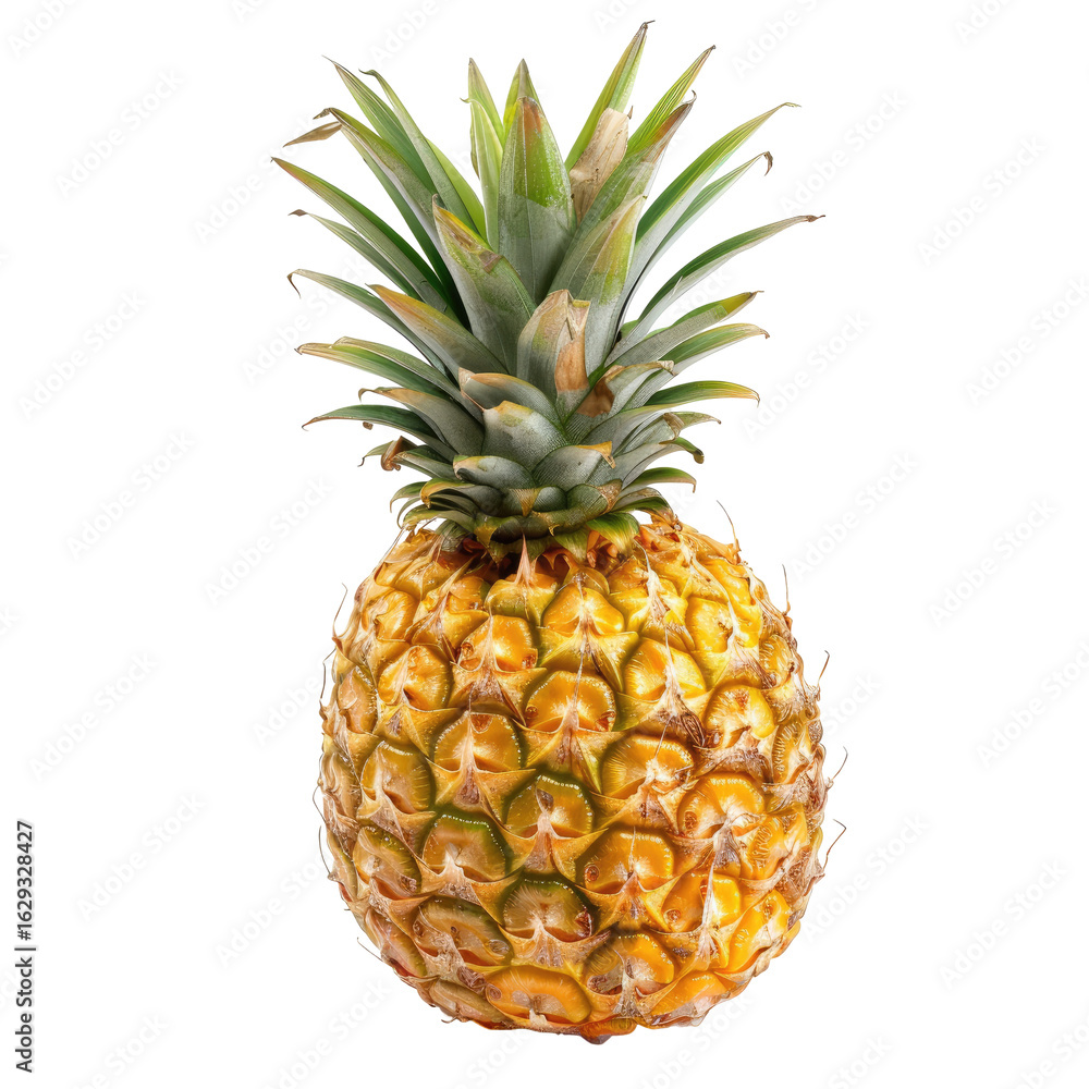 Fototapeta premium Fresh pineapple, bright yellow, green crown