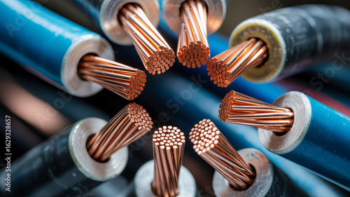 Electrical Cables up Close: A close-up shot showcases a series of electrical cables, with their copper cores exposed. The image highlights the industrial, technological.
