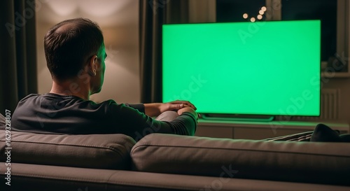 A man seen from behind relaxing on a sofa at home, watching a large television with a blank green screen.