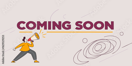 Coming Soon promotional banner with podium base, timer tag,isolated background.