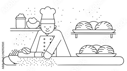 Chef preparing dough with rolling pin near shelves of baked goods in a kitchen setting illustration