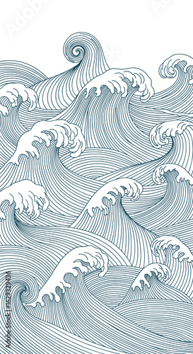 Illustrative depiction of ocean waves crashing with artistic stylized water patterns