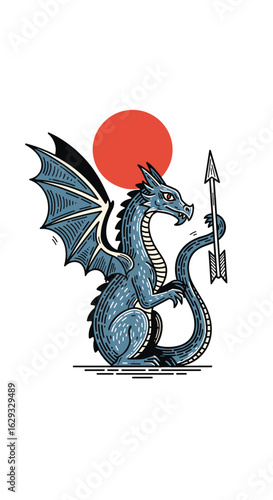 Mighty blue dragon holding a fierce arrow against a fiery red sun in a mythical landscape