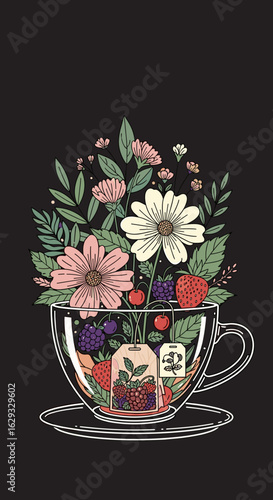 A cup filled with blooming flowers and fresh berries brewed into a delightful tea