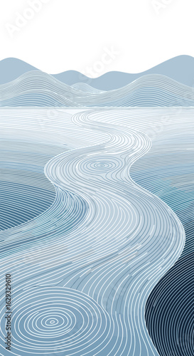 Abstract serene blue ripples flowing towards distant mountains under a white sky
