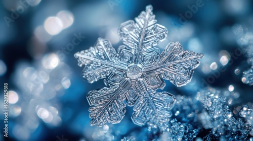 Beautifully patterned snowflakes under the microscope exhibit intricate designs and shimmering details in a winter wonderland