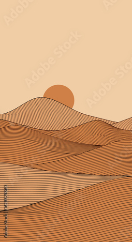 Serene desert landscape with rolling dunes under a warm setting sun