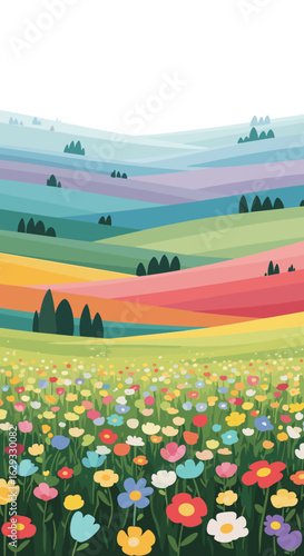 Vibrant rolling hills covered in a carpet of wildflowers under a rainbow sky