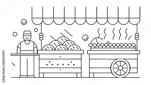 Illustration of a street food vendor with a stall selling bread and steaming food on a cart stall