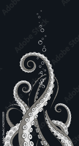 Mysterious kraken tentacles emerge from deep ocean waters with bubbles rising