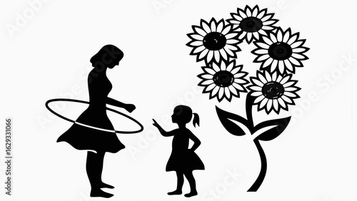 Silhouette of a woman with hula hoop and a child near sunflowers in black and white vector illustration