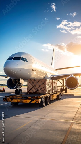 Airliner at sunset with cargo on a flatbed truck