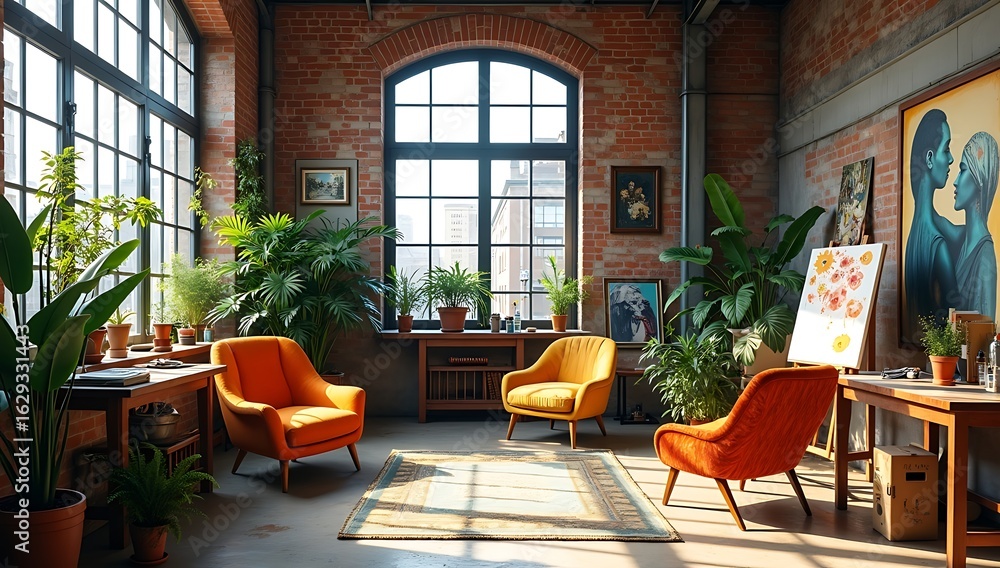 Fototapeta premium A conceptual poster turning an industrial space into a modern creative studio — retro furniture, indoor plants, art supplies scattered, mixing old architecture with youthful creativity.