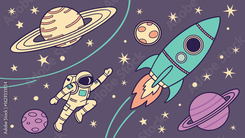Astronaut Rocket and Planets in Space.