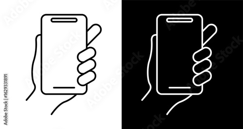 Simple line icon of a hand holding a smartphone. Minimalist vector illustration of a person using a mobile phone, isolated on black and white.