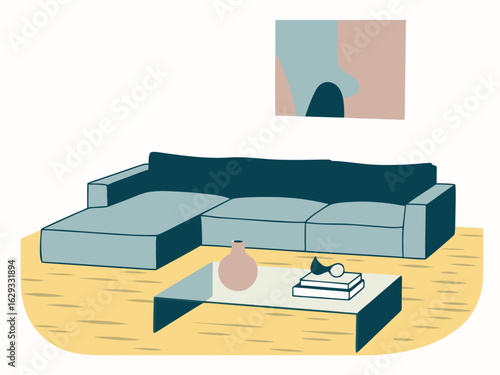 Contemporary living room with sectional sofa coffee table and vase couch furniture