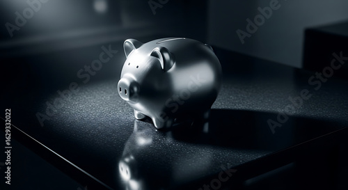 Ai generated image of a silver piggy bank sits on a dark reflective surface, symbolizing savings and financial security