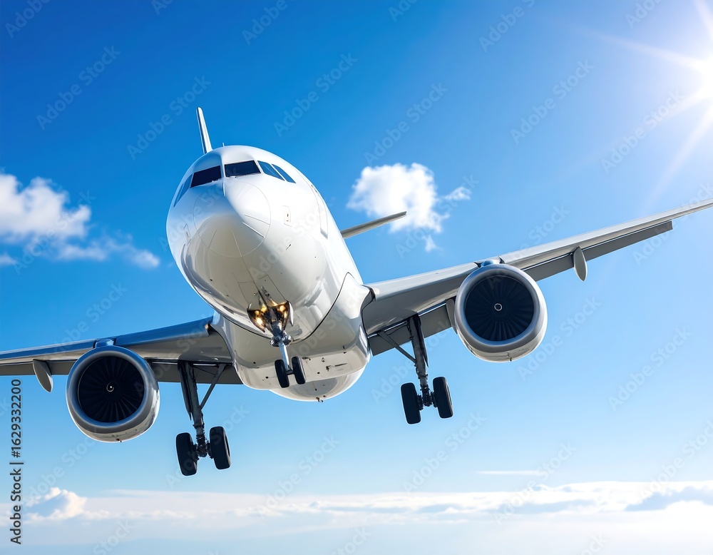 Fototapeta premium Airplane approaching landing, low angle view, bright sunny day