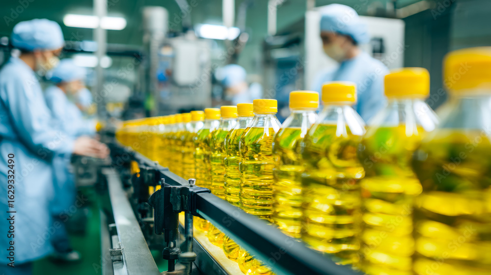 Fototapeta premium Manufacturing line with bottled cooking oil in a food processing plant