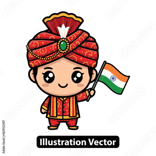 Cute Indian boy character in traditional red turban and sherwani holding the national flag of India