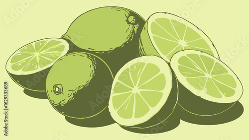 Group of Fresh Limes Slices and Whole Fruit.