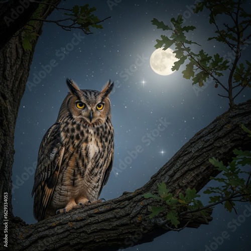owl on tree with moon background