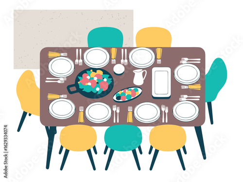 Dining table set for a meal with plates cutlery and food table setting dinner