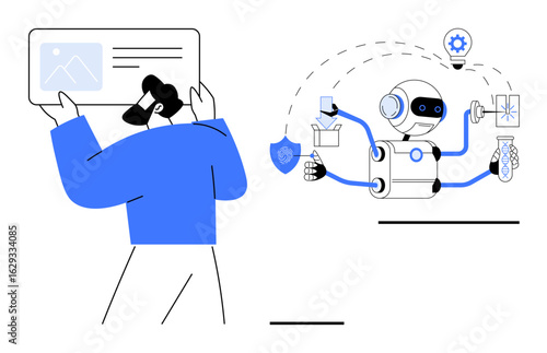 Man engages with a robot automating processes, depicted by multitasking arms performing tasks. Ideal for technology, AI, innovation concepts, robotics, team collaboration, productivity, efficiency