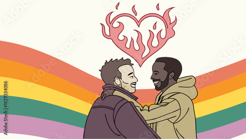 Loving Embrace of Two Men with Pride Flag Background.