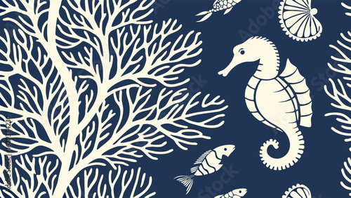 Nautical Pattern with Sea Horse Coral and Fish.