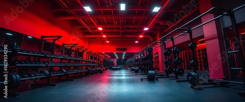 Modern gym interior with red lighting and dumbbells