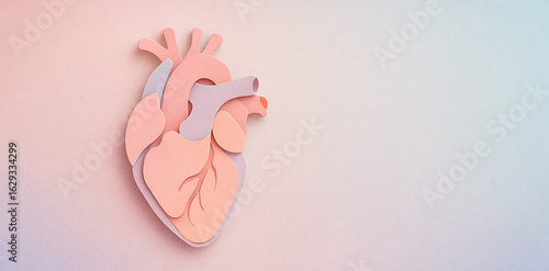 Paper-crafted human heart placed on a soft pastel background, Handmade anatomical paper heart on light pastel surface.