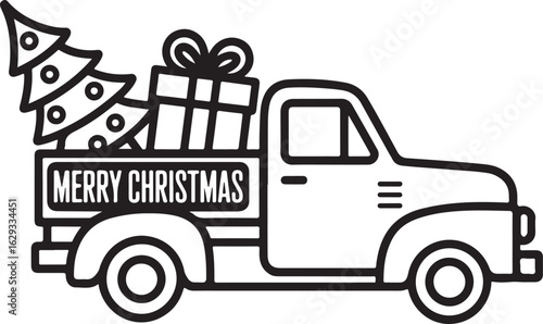 Classic Pickup Truck Vector with Tree and Gift Box for Seasonal Projects