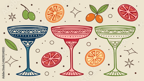 Three Colorful Decorative Margarita Glasses with Fruit Slices.