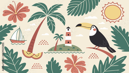 Tropical Island Scene with Toucan and Palm Trees.