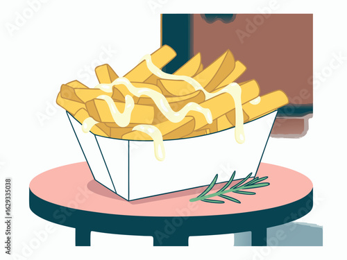 French fries with cheese sauce in a white carton on a pink surface potato fried