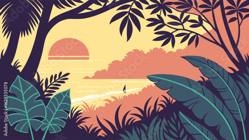 Tropical Sunset Beach Scene with Silhouette Surfer.