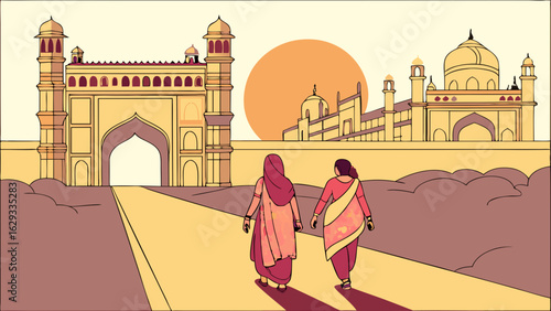 Two Women Walking Towards Ancient Architecture in India.