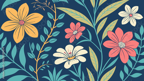 Vibrant Floral Pattern with Colorful Flowers and Leaves.