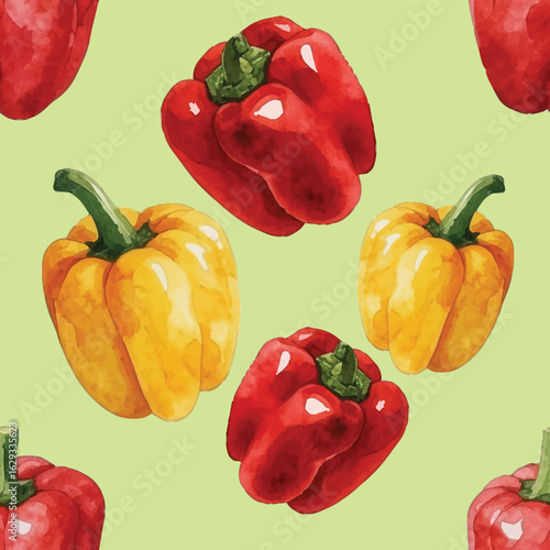 Vibrant seamless pattern with hand-painted watercolor red bell peppers on a subtle green background. Fresh and healthy food design.