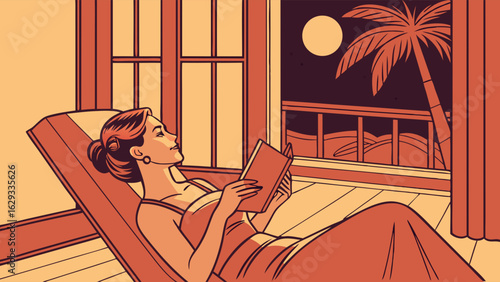 Woman Relaxing and Reading by a Window at Night.